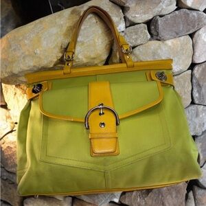 Coach Green Canvas & Yellow Leather Trim Carryall Hampton Tote